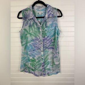 Liz Claiborne women’s white, green, blue sheer leaf print sleeveless tank Size M
